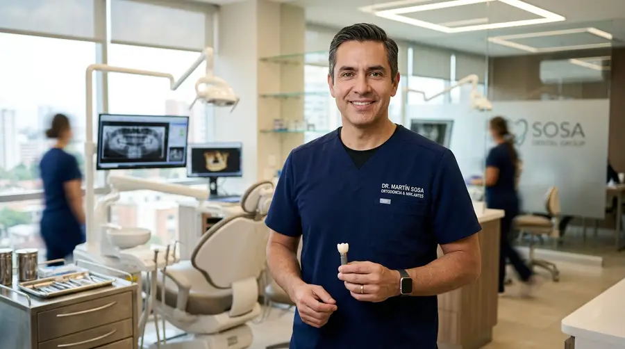 Dr. Martín Sosa en el consultorio, con un modelo de implante.